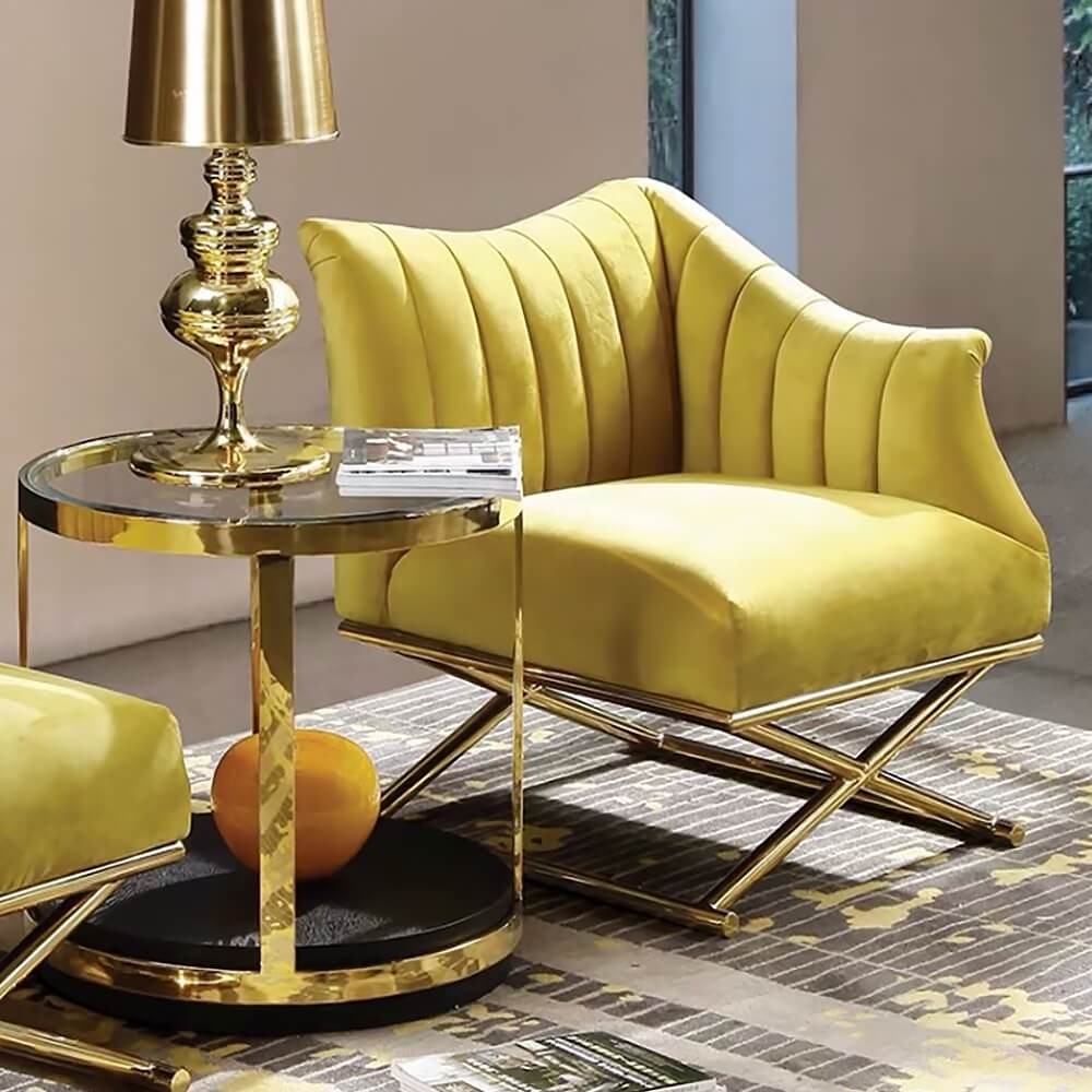 Yellow Velvet Glam Lounge Chair With Gold Cross Legs