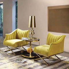 Yellow Velvet Glam Lounge Chair With Gold Cross Legs