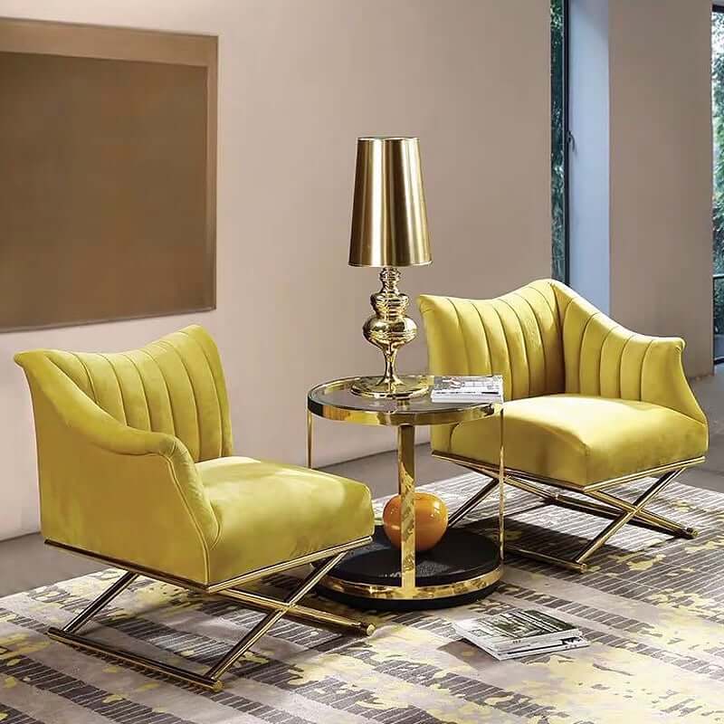 Yellow Velvet Glam Lounge Chair With Gold Cross Legs