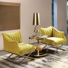 Yellow Velvet Glam Lounge Chair With Gold Cross Legs