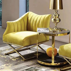 Yellow Velvet Glam Lounge Chair With Gold Cross Legs