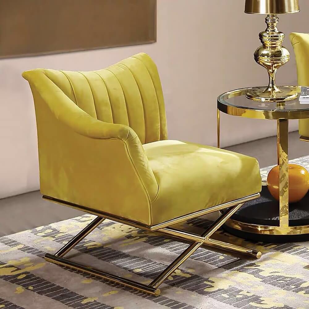 Yellow Velvet Glam Lounge Chair With Gold Cross Legs Main Product Image